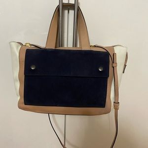 Marni delicious camel and white butter leather handbag with blue suede detail.